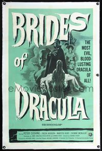 1s098 BRIDES OF DRACULA linen one-sheet '60 Terence Fisher, Hammer, Peter Cushing as Van Helsing!