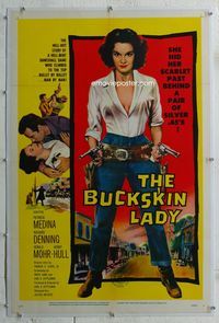 1s104 BUCKSKIN LADY linen one-sheet '57 sexy full-length bad cowgirl Medina with both guns drawn!