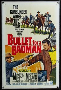 1s105 BULLET FOR A BADMAN linen one-sheet '64 artwork of cowboys Audie Murphy & Darren McGavin!