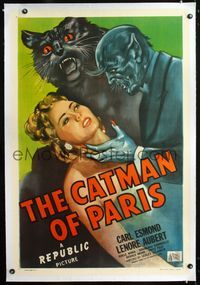 1s116 CATMAN OF PARIS linen 1sheet '46 really cool horror art of feline monster attacking sexy girl!