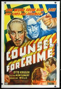 1s125 COUNSEL FOR CRIME linen style B 1sh '37 one word from Otto Kruger and five lives are doomed!