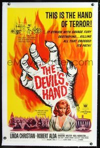 1s136 DEVIL'S HAND linen one-sheet '61 wild voodoo horror, it killed all that crossed its path!