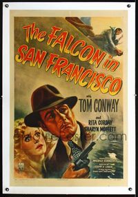 1s151 FALCON IN SAN FRANCISCO linen 1sh '45 cool artwork of detective Tom Conway with smoking gun!