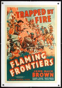 1s158 FLAMING FRONTIERS linen 1sh '38 Johnny Mack Brown, great 3-color cowboys & Indians serial art!