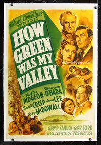 1s213 HOW GREEN WAS MY VALLEY linen 1sh '41 John Ford, cool art of entire cast, Best Picture 1941!
