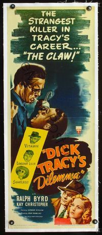 1s031 DICK TRACY'S DILEMMA linen insert poster '47 great artwork of Ralph Byrd versus The Claw!