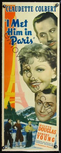 1s037 I MET HIM IN PARIS linen insert '37 Claudette Colbert, Melvyn Douglas, cool Eiffel Tower art!