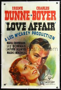 1s256 LOVE AFFAIR linen one-sheet '39 best close up romantic art of Irene Dunne & Charles Boyer!