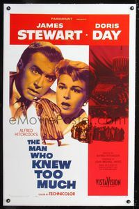 1s264 MAN WHO KNEW TOO MUCH linen one-sheet poster '56 Alfred Hitchcock, Jimmy Stewart, Doris Day