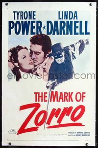 1s266 MARK OF ZORRO linen one-sheet R58 great image of masked hero Tyrone Power & Linda Darnell!