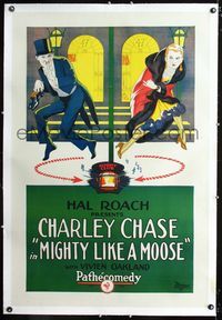 1s274 MIGHTY LIKE A MOOSE linen 1sh '26 great art of Charley Chase & Vivien Oakland sneaking around!