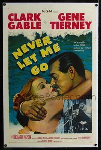 1s283 NEVER LET ME GO linen 1sheet '53 romantic close up artwork of Clark Gable & sexy Gene Tierney!