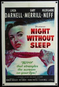 1s287 NIGHT WITHOUT SLEEP linen 1sheet '52 close up art of sexy Linda Darnell about to be strangled!