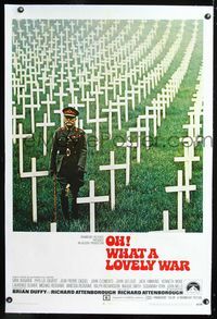 1s290 OH WHAT A LOVELY WAR linen one-sheet '69 officer standing in huge cemetery with many graves!