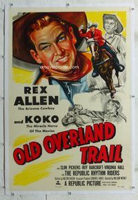 1s291 OLD OVERLAND TRAIL linen one-sheet '52 cool artwork of cowboy Rex Allen riding his horse Koko!