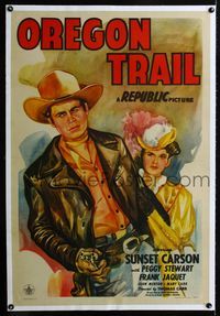 1s300 OREGON TRAIL linen one-sheet '45 best artwork of cowboy Sunset Carson with Peggy Stewart!