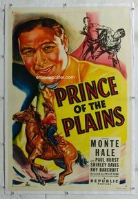 1s316 PRINCE OF THE PLAINS linen one-sheet '49 cool artwork of cowboy Monte Hale riding his horse!