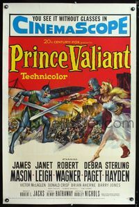 1s003 PRINCE VALIANT one-sheet poster '54 artwork of Robert Wagner in armor saving sexy Janet Leigh!