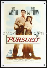1s317 PURSUED linen one-sheet poster '47 great full-length image of Robert Mitchum & Teresa Wright!