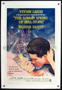 1s332 ROMAN SPRING OF MRS. STONE linen 1sheet '62 romantic artwork of Warren Beatty & Vivien Leigh!