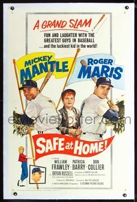 1s336 SAFE AT HOME linen one-sheet poster '62 Mickey Mantle, Roger Maris, New York Yankees baseball!