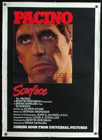 1s342 SCARFACE linen advance one-sheet '83 best close up of Al Pacino as Tony Montana, Brian De Palma