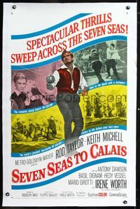 1s345 SEVEN SEAS TO CALAIS linen one-sheet '62 pirate Rod Taylor sweeps across the seven seas!