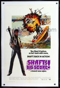 1s347 SHAFT'S BIG SCORE linen one-sheet '72 great artwork of mean Richard Roundtree with big gun!