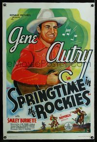 1s360 SPRINGTIME IN THE ROCKIES linen 1sheet '37 smiling close up art of Gene Autry playing guitar!