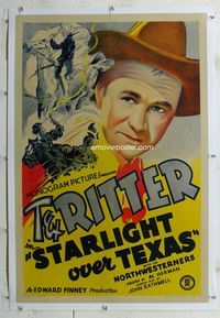 1s367 STARLIGHT OVER TEXAS linen 1sheet '38 cool stone litho headshot artwork of cowboy Tex Ritter!