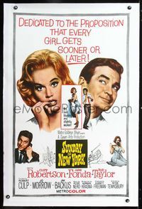 1s373 SUNDAY IN NEW YORK linen one-sheet '64 art of Rod Taylor propositioning sexy Jane Fonda!