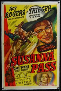 1s375 SUSANNA PASS linen one-sheet '49 great art of Roy Rogers riding Trigger, plus sexy Dale Evans!