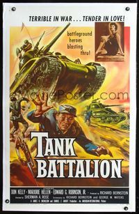 1s379 TANK BATTALION linen 1sheet '57 cool artwork of Korean War battleground heroes blasting thru!