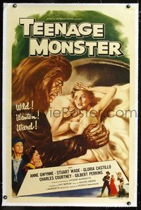 1s381 TEENAGE MONSTER linen one-sheet '57 great artwork of beast attacking sexy Anne Gwynne in bed!