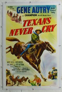 1s384 TEXANS NEVER CRY linen one-sheet '51 great artwork of cowboy Gene Autry riding Champion!