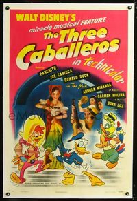 1s387 THREE CABALLEROS linen style A 1sh '44 great artwork of Donald Duck, Panchito & Joe Carioca!