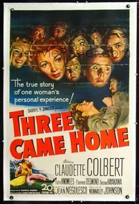1s388 THREE CAME HOME linen 1sh '49 artwork of Claudette Colbert & prison women without their men!