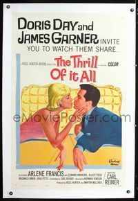 1s389 THRILL OF IT ALL linen one-sheet '63 wonderful artwork of Doris Day kissing James Garner!