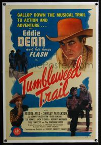 1s397 TUMBLEWEED TRAIL linen one-sheet poster '46 great close up image of singing cowboy Eddie Dean!