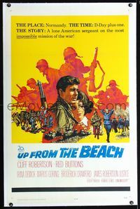 1s403 UP FROM THE BEACH linen one-sheet '65 artwork of Normandy on D-Day plus one by McCarthy!