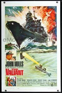 1s405 VALIANT linen one-sheet movie poster '62 John Mills, cool artwork of World War II battleship!