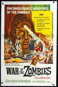 1s417 WAR OF THE ZOMBIES linen 1sh '65 John Drew Barrymore vs unconquerable warriors of the damned!