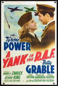 1s002 YANK IN THE R.A.F. style B 1sheet '41 great romantic close up of Tyrone Power & Betty Grable!