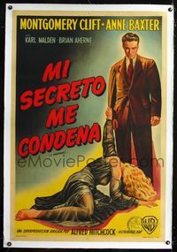 1u157 I CONFESS linen Argentinean '57 Hitchcock, different art of Montgomery Clift & sexy Baxter!