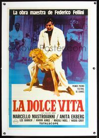 1u160 LA DOLCE VITA linen Argentinean R80s Fellini,classic image of Mastroianni riding Anita Ekberg!