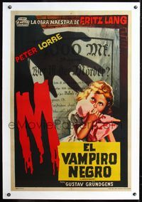 1u164 M linen Argentinean poster R50s Fritz Lang, great art of evil shadow menacing girl with doll!