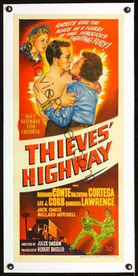 1u028 THIEVES' HIGHWAY linen Aust daybill '49 Jules Dassin, barechested truck driver Richard Conte!