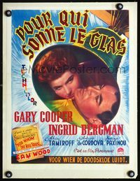 1u198 FOR WHOM THE BELL TOLLS linen Belgian '47 different artwork of Gary Cooper & Ingrid Bergman!