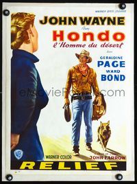1u202 HONDO linen Belgian movie poster '53 3-D, artwork of John Wayne with dog & Geraldine Page!