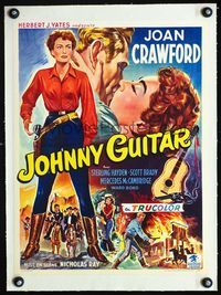 1u206 JOHNNY GUITAR linen Belgian poster '54 artwork of Joan Crawford reaching for gun, Nicholas Ray